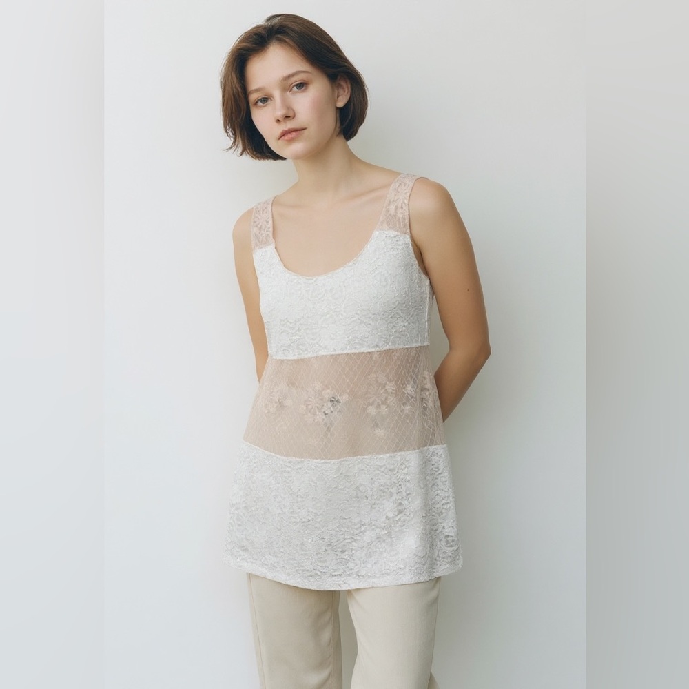 Free People Lace & Mesh Scoop Tank Blouse in Ivory and Cream Size Large